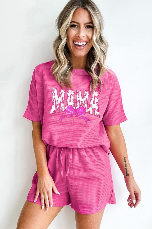 Rose Red Waffle Sequin Floral MAMA Bow Graphic Tee Shorts Set